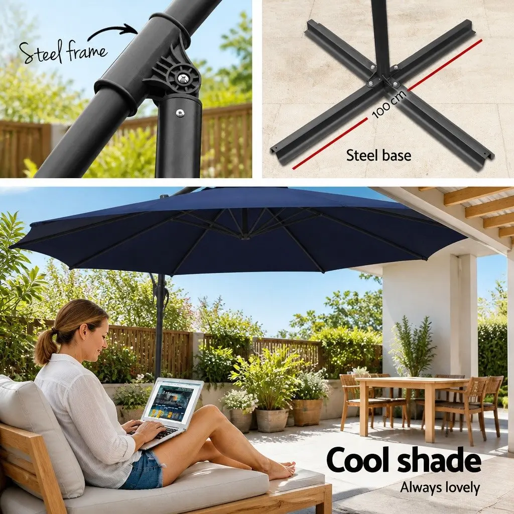 Outdoor Umbrella Navy 3m Octagonal Canopy UV50+ Protection with Water-Fillable Base