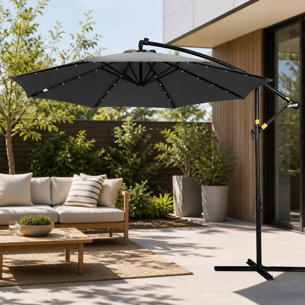 Outdoor Umbrella Charcoal 3M Solar LED Adjustable Tilt Canopy