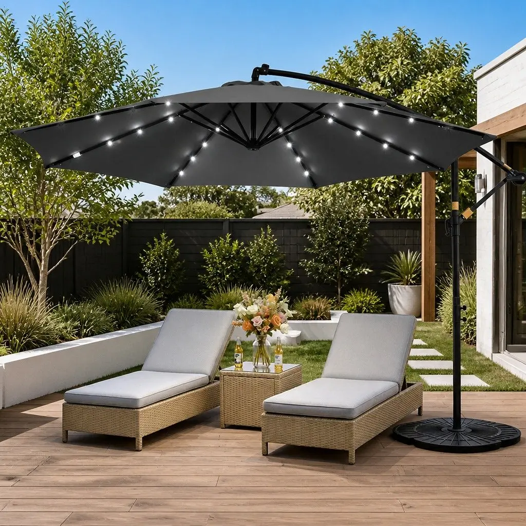 Outdoor Umbrella Charcoal 3M Solar LED Adjustable Tilt Canopy