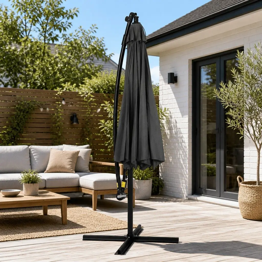 Outdoor Umbrella Charcoal 3M Solar LED Adjustable Tilt Canopy