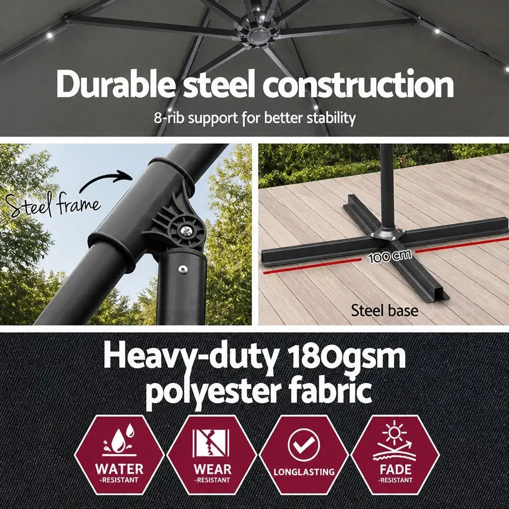 Outdoor Umbrella Charcoal 3M Solar LED Adjustable Tilt Canopy