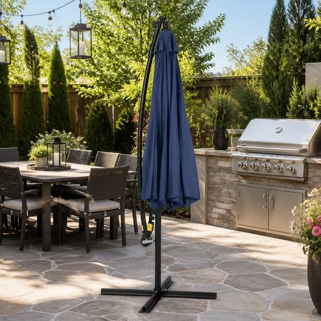 Cantilever Umbrella Navy 3M Outdoor Garden Patio Shade with Solar LED Lights