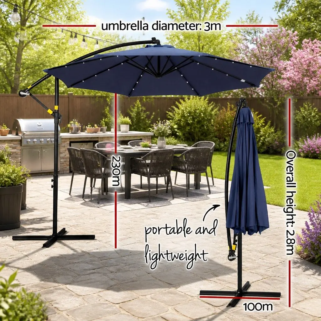 Cantilever Umbrella Navy 3M Outdoor Garden Patio Shade with Solar LED Lights