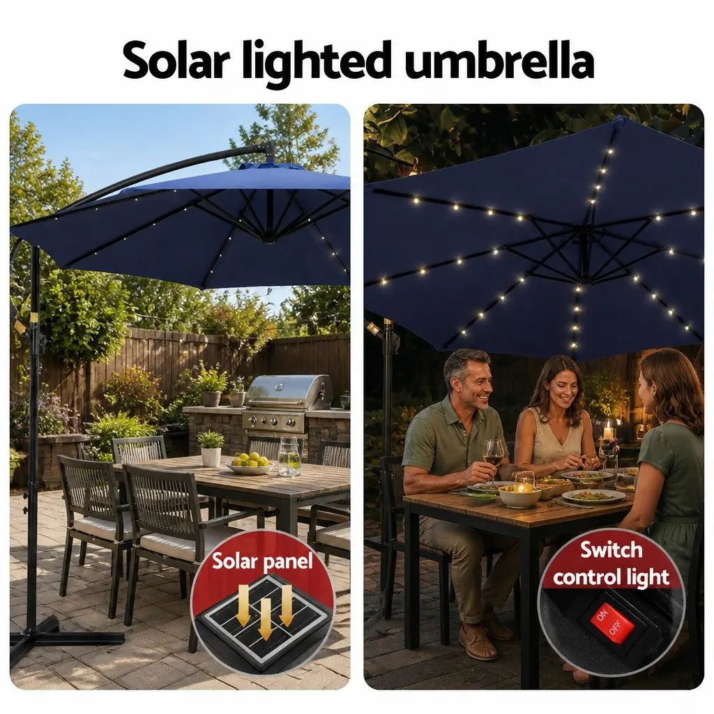 Cantilever Umbrella Navy 3M Outdoor Garden Patio Shade with Solar LED Lights