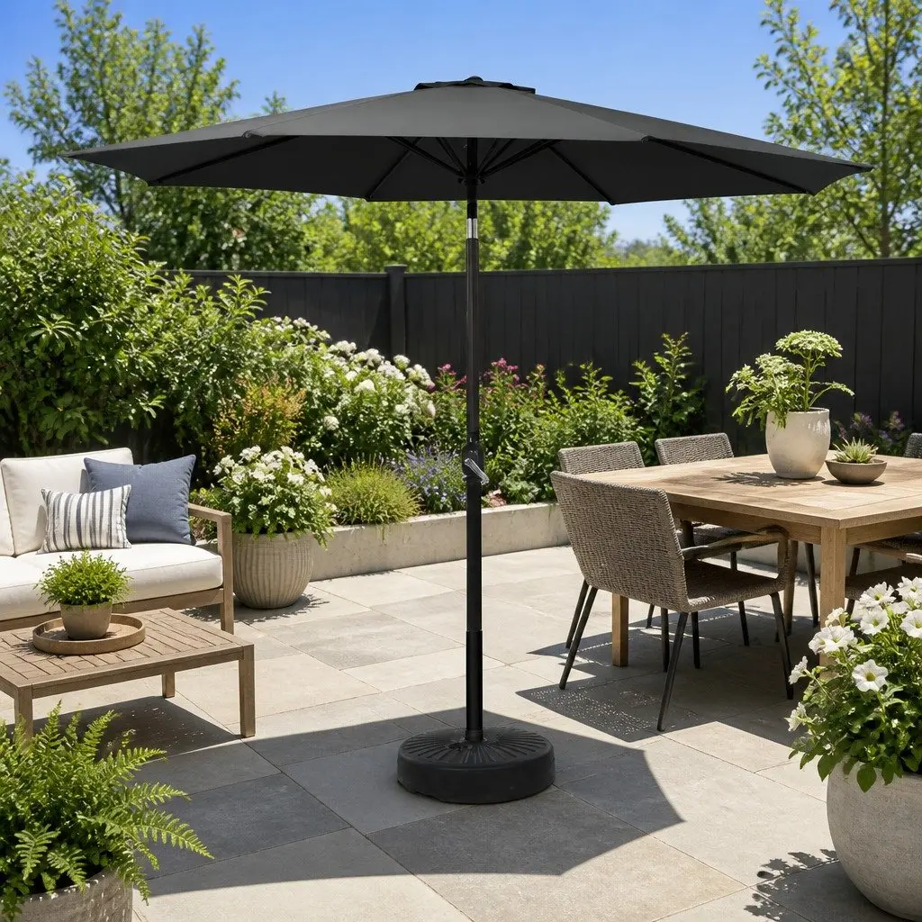 Outdoor Umbrella Black 2.7m Centre Post Octagonal Canopy UV50+ Water-Resistant Tilt Mechanism