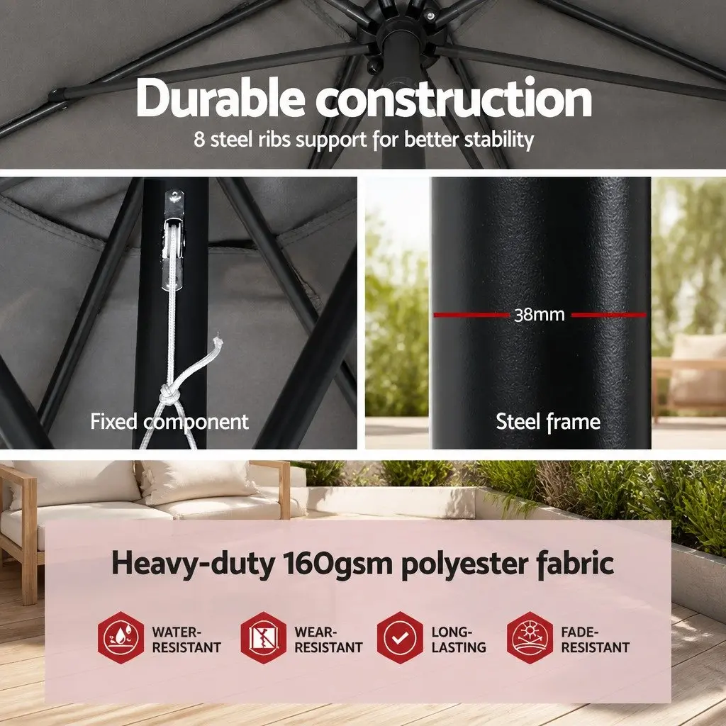 Outdoor Umbrella Charcoal 2.7m UV50+ Polyester Crank Tilt Steel Frame