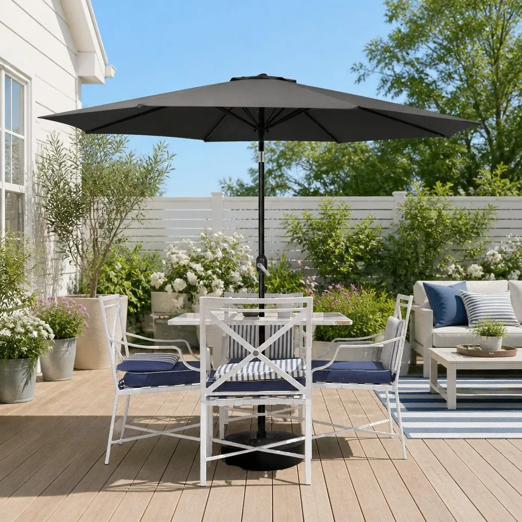 Outdoor Umbrella Black 2.7m Centre Post Octagon Canopy UPF 50+ Water-Resistant Polyester