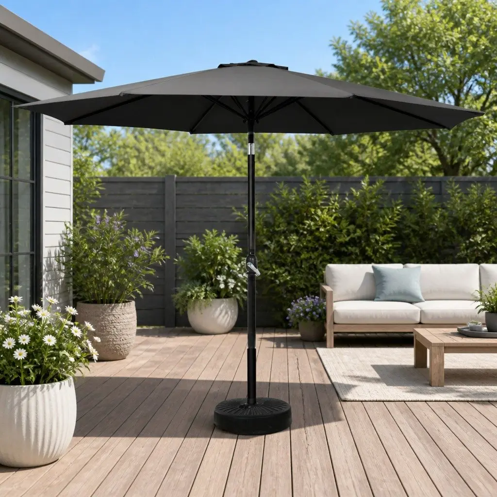 Outdoor Umbrella Black 3m Octagonal Centre Post Garden Patio Beach Sun Shade Tilt