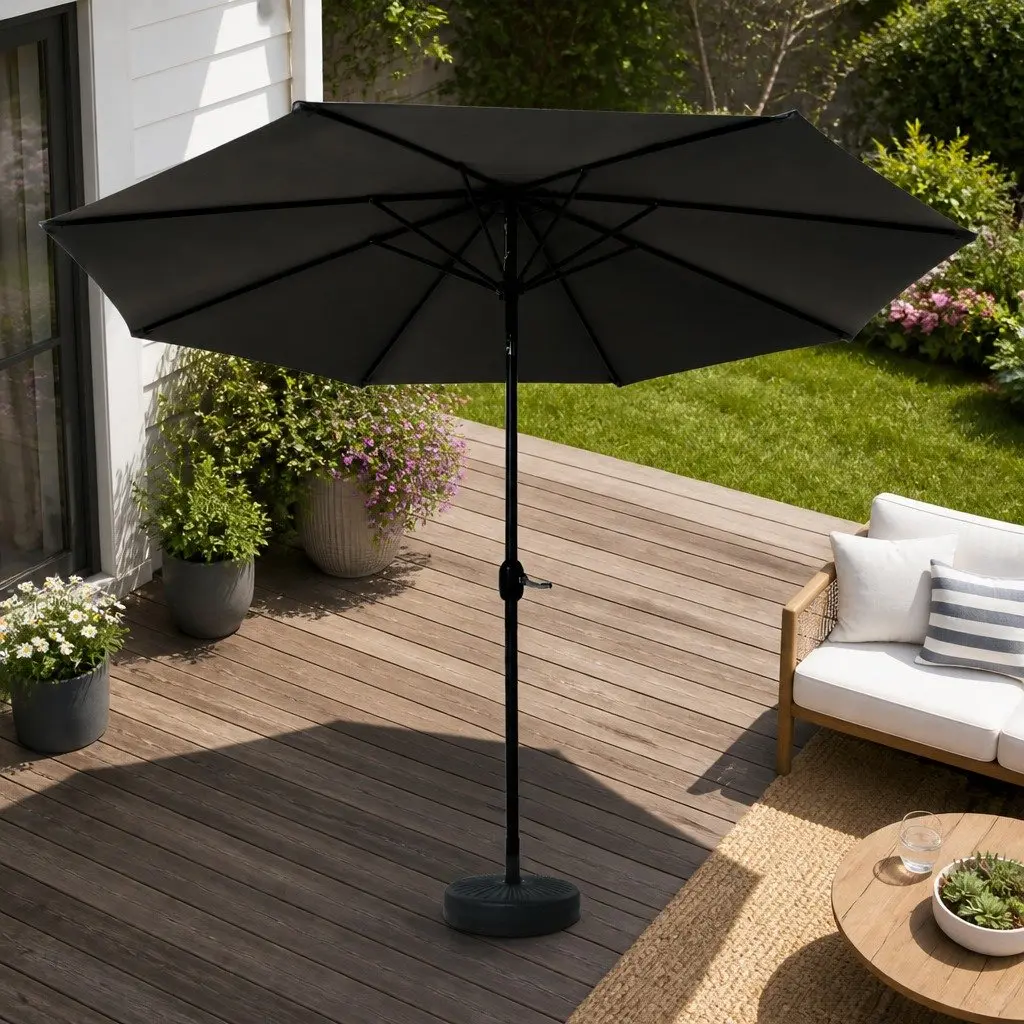 Outdoor Umbrella Black 3m Octagonal Centre Post Garden Patio Beach Sun Shade Tilt