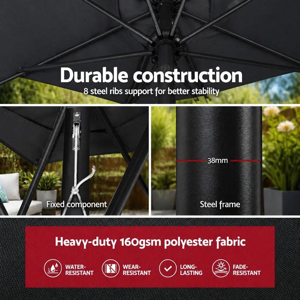 Outdoor Umbrella Black 3m Octagon Centre Post Tilt Sunshade with UV50 Protection and Water-Resistant Polyester Canopy