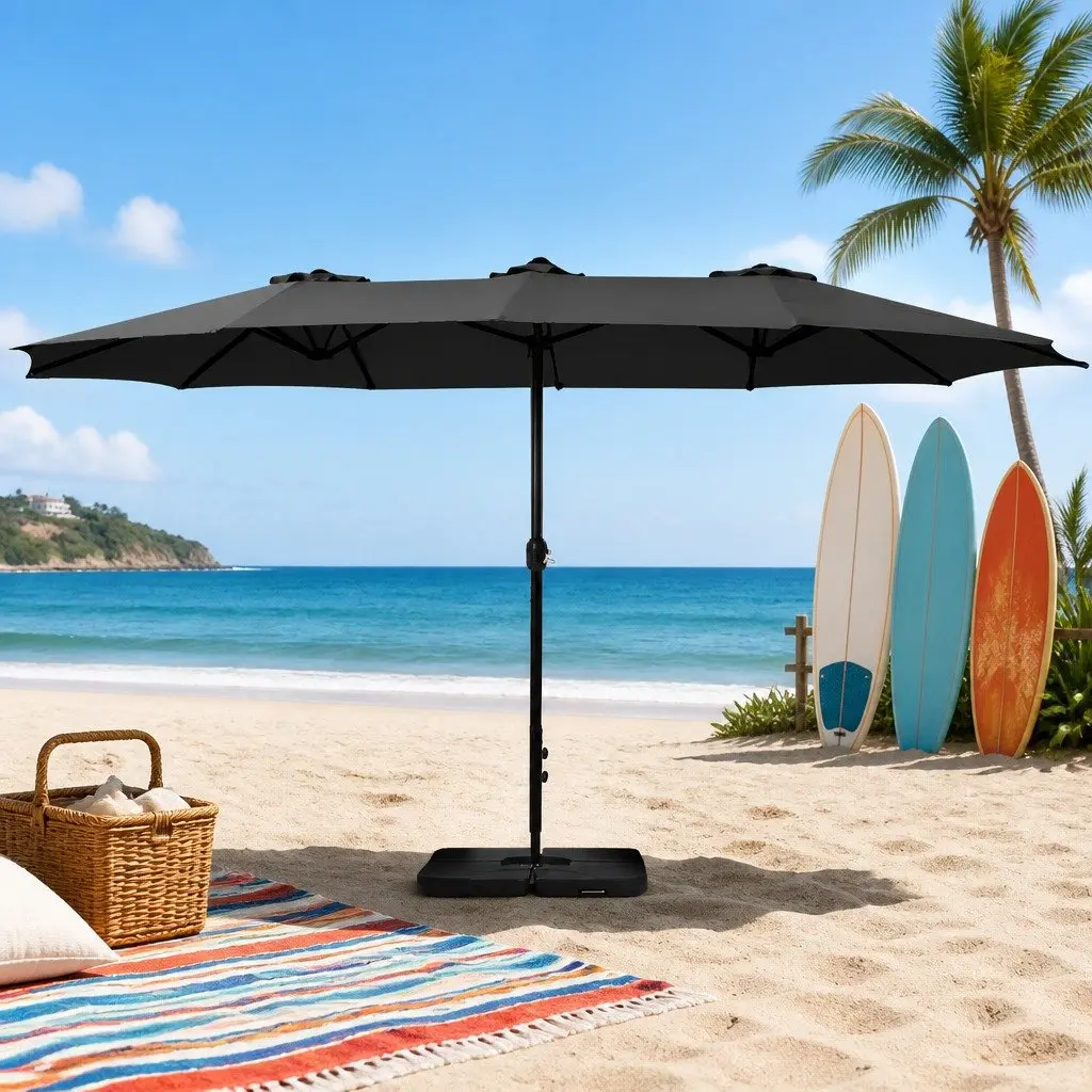 Outdoor Umbrella Black 4.57m Diameter Double-Sided Canopy with 12 Steel Ribs and 4-Plate Base Stand