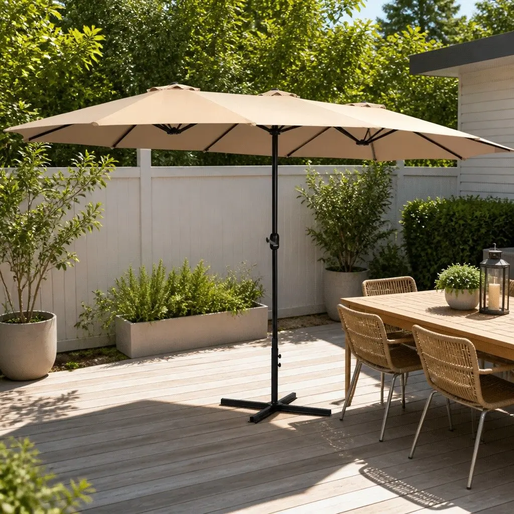 Outdoor Umbrella Beige 4.57m Centre Post Dodecagon Canopy UV50+ Protection Tilt Function