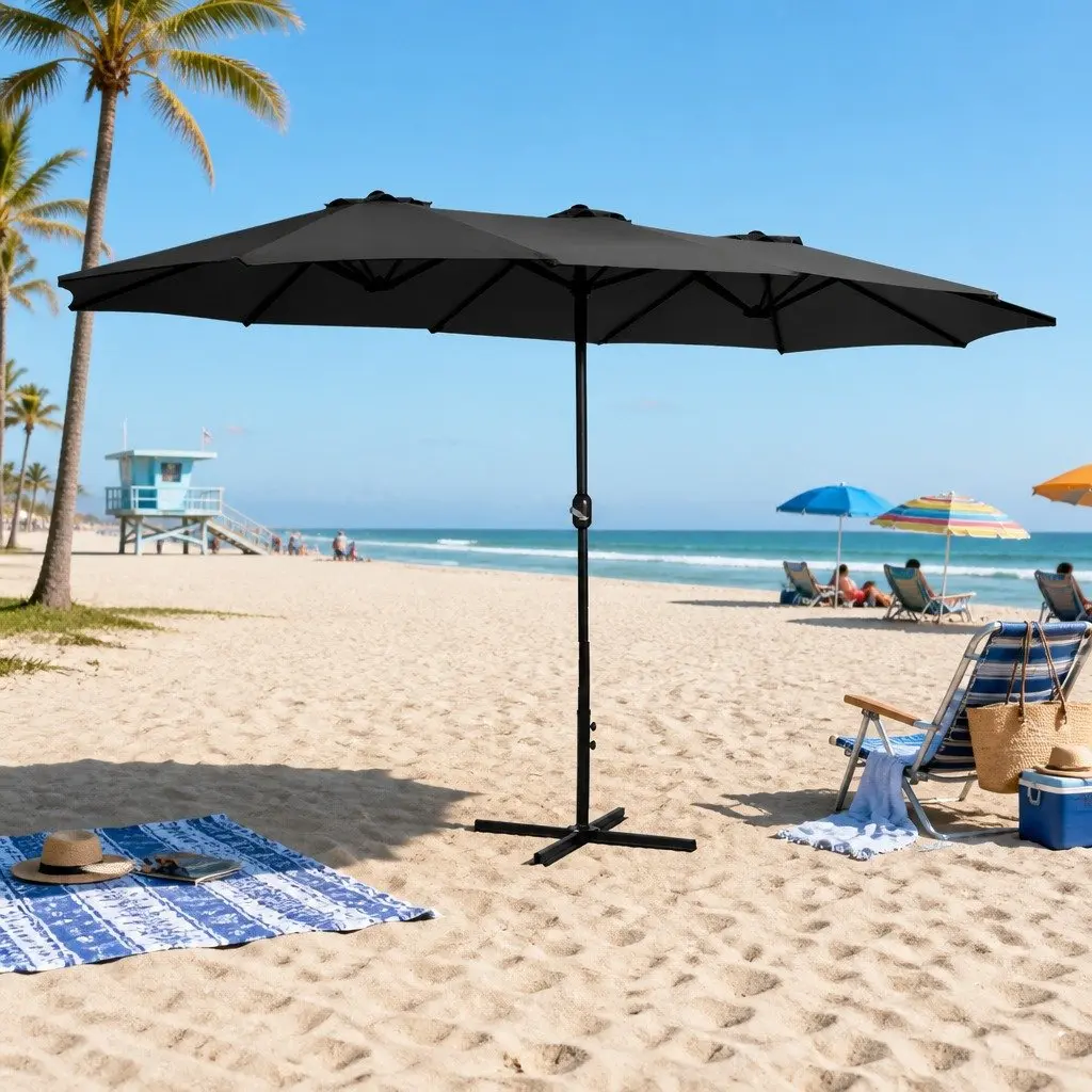 Outdoor Umbrella Black 4.57m Centre Post Dodecagon Canopy with UV50+ Protection