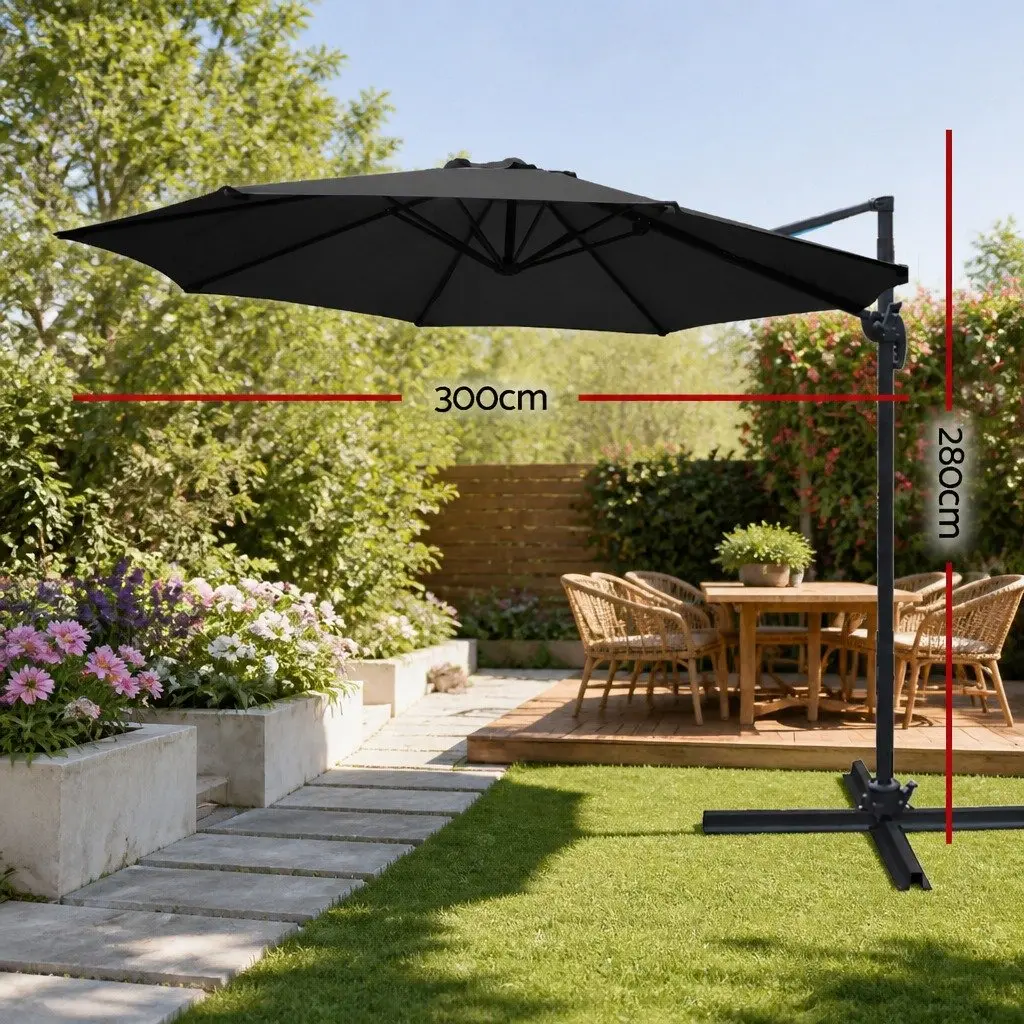 Outdoor Cantilever Umbrella Black 3m 360 Degree Rotation Octagonal Sunshade