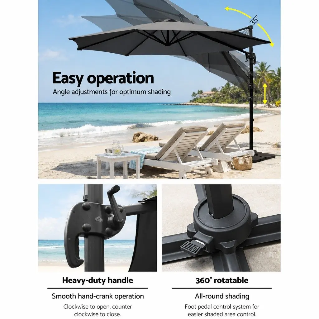 3m Outdoor Umbrella Charcoal Octagonal Canopy UV50+ 360 Degree Rotation