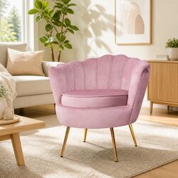 Pink Velvet Armchair Shell Back Design Accent Chair with Golden Metal Legs
