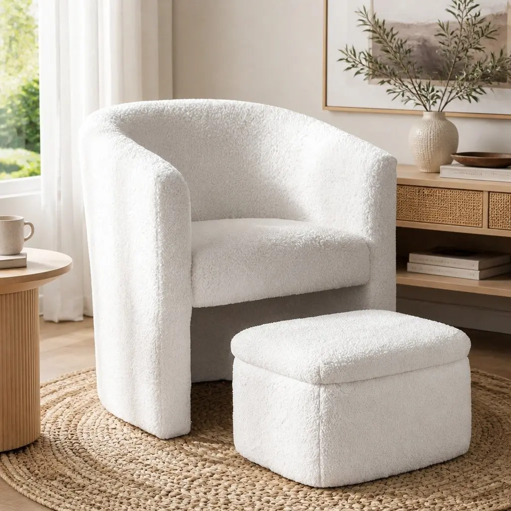 Armchair Accent Chair with Ottoman Storage Footrest Lounge Boucle White