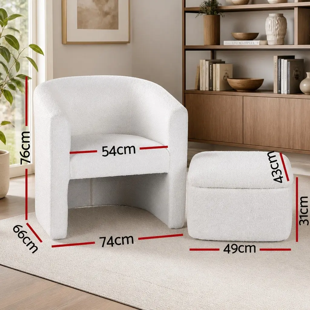 Accent Armchair White Upholstered Soft Sherpa Fleece with Storage Ottoman Footrest