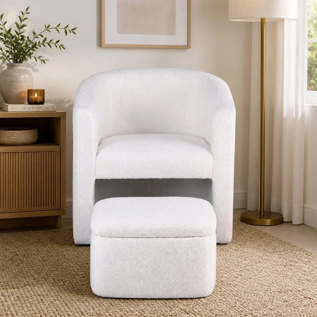 Accent Armchair White Upholstered Soft Sherpa Fleece with Storage Ottoman Footrest