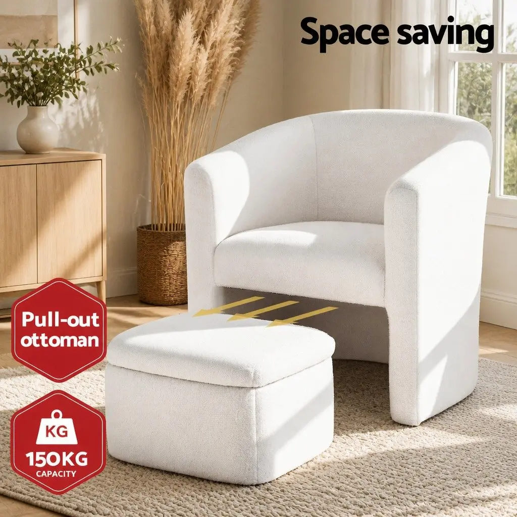 Accent Armchair White Upholstered Soft Sherpa Fleece with Storage Ottoman Footrest