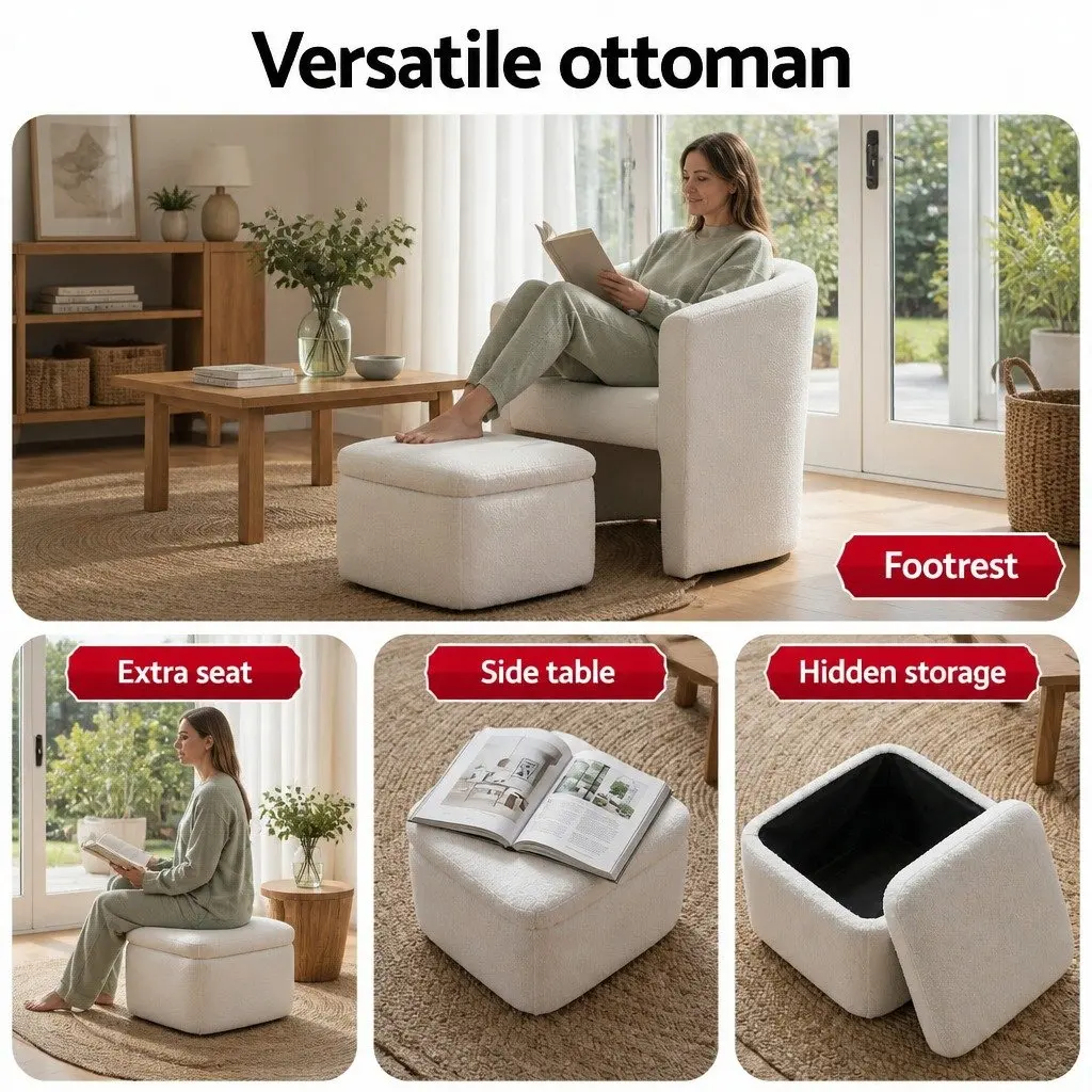 Accent Armchair White Upholstered Soft Sherpa Fleece with Storage Ottoman Footrest