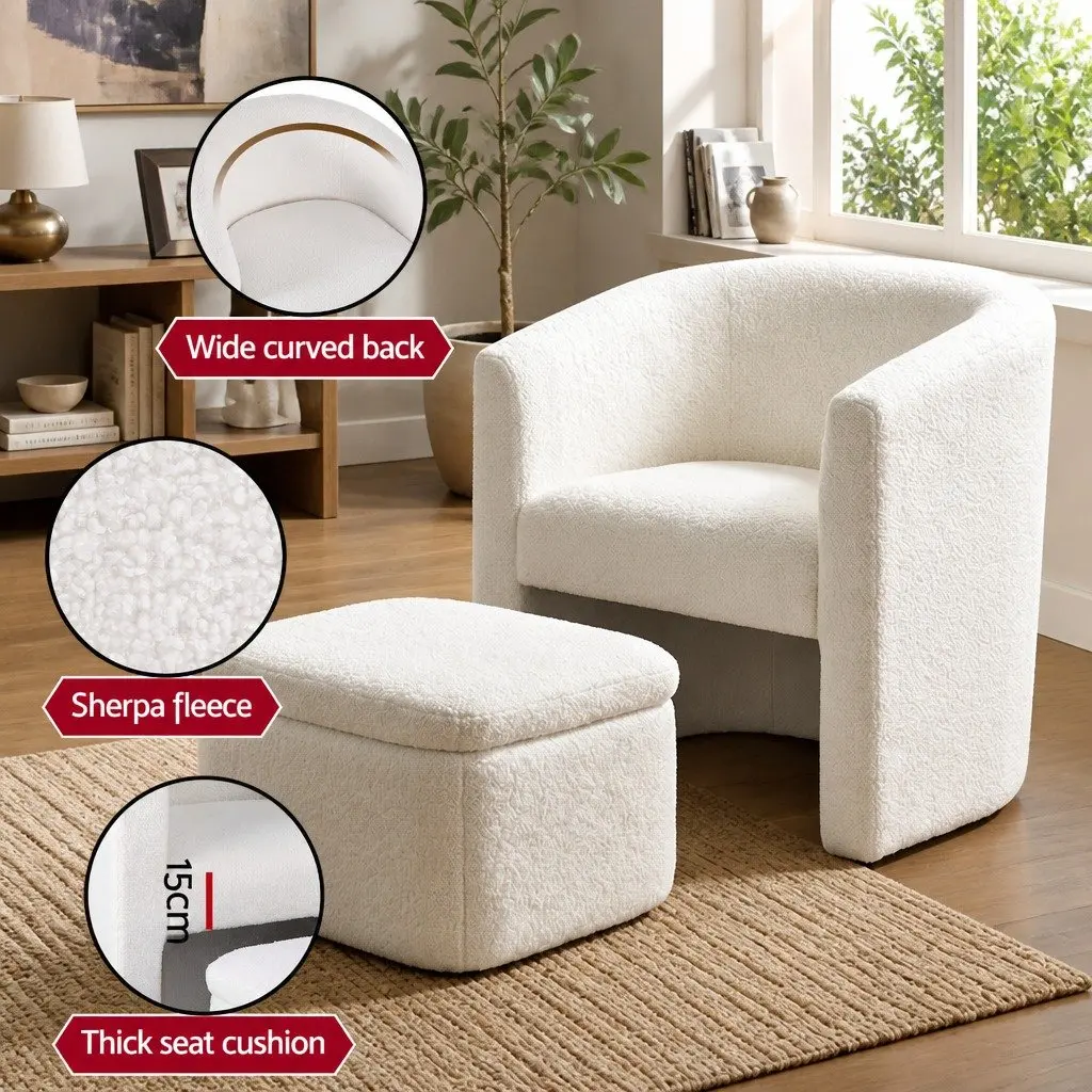 Accent Armchair White Upholstered Soft Sherpa Fleece with Storage Ottoman Footrest