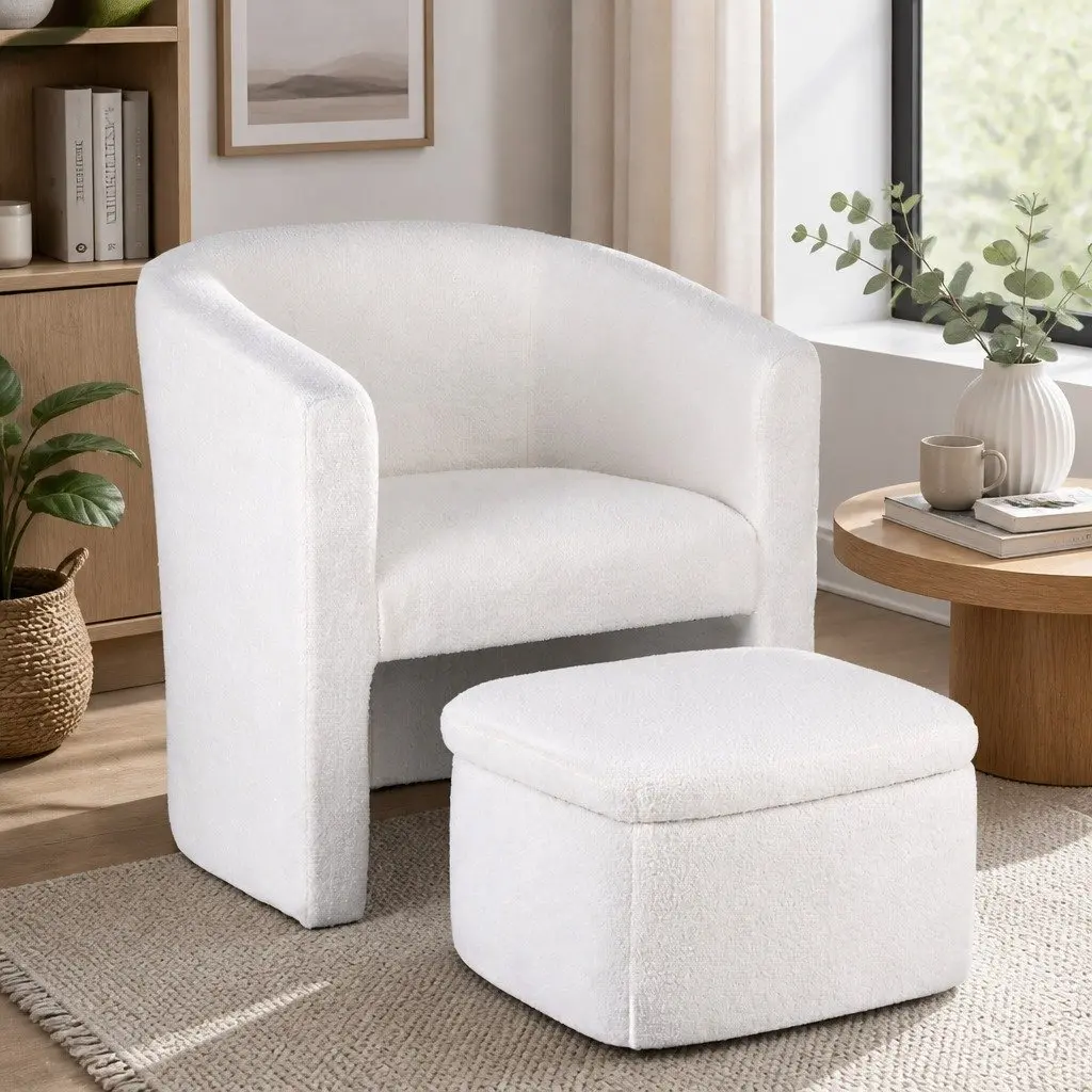 Accent Armchair White Upholstered Soft Sherpa Fleece with Storage Ottoman Footrest
