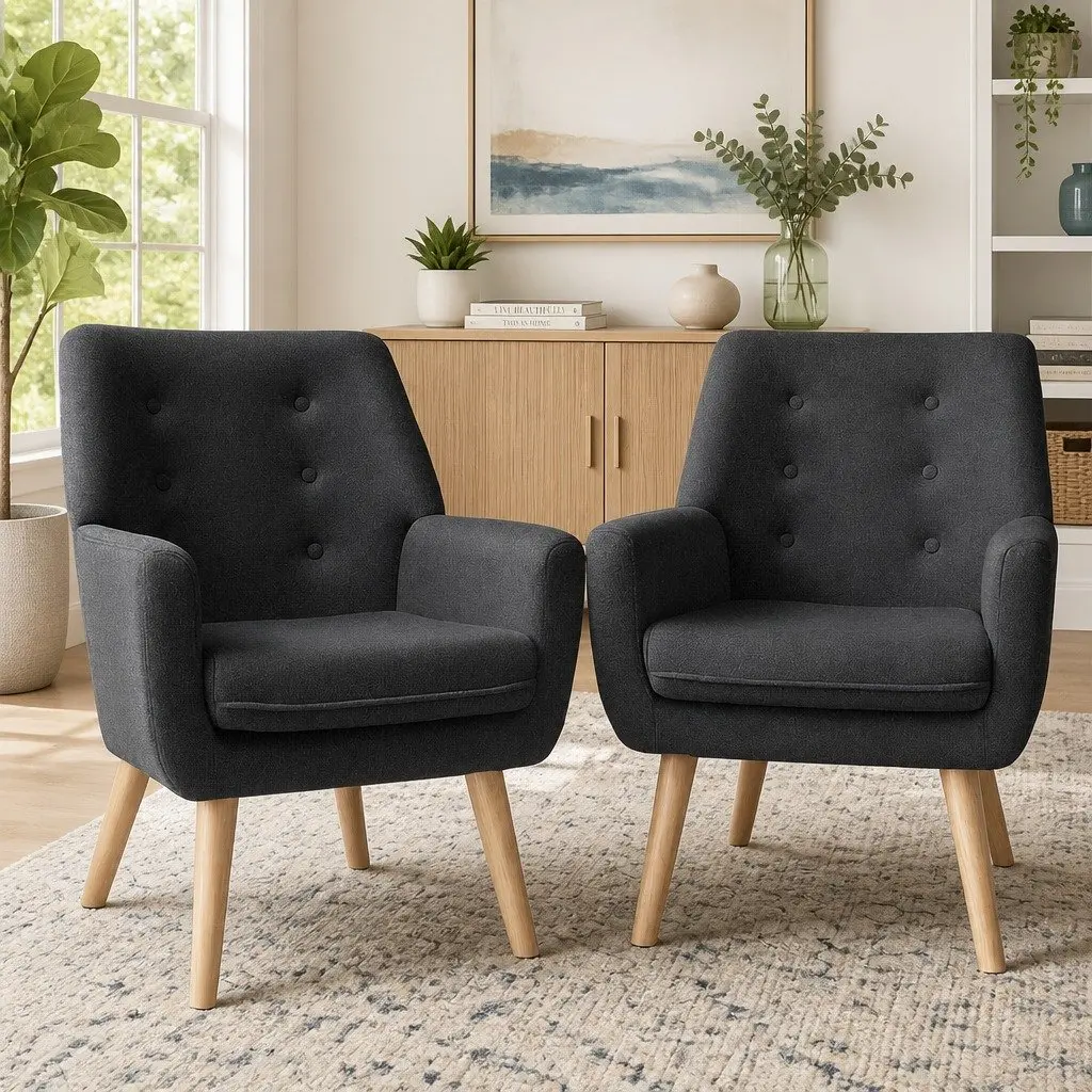 Armchair Lounge Chair Accent Tub Chair Charcoal Upholstered Faux Linen Fabric