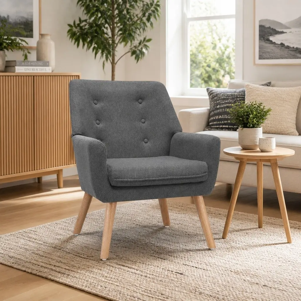 Armchair Grey Linen Fabric Upholstered Tufted Button Full Size Lounge Chair
