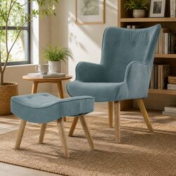 Concise Blue Velvet Armchair and Ottoman Set
