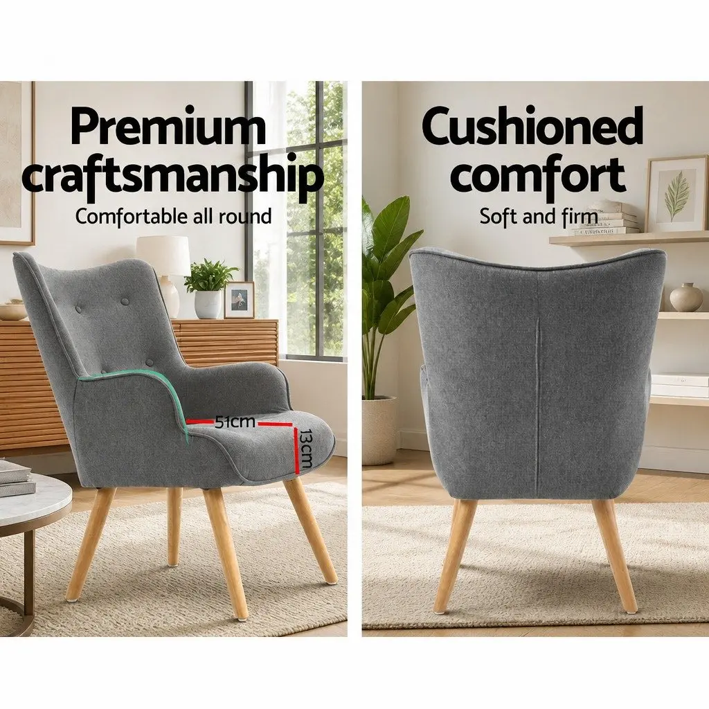 Grey Armchair Set with Matching Ottoman Modern Scandinavian Design Tufted