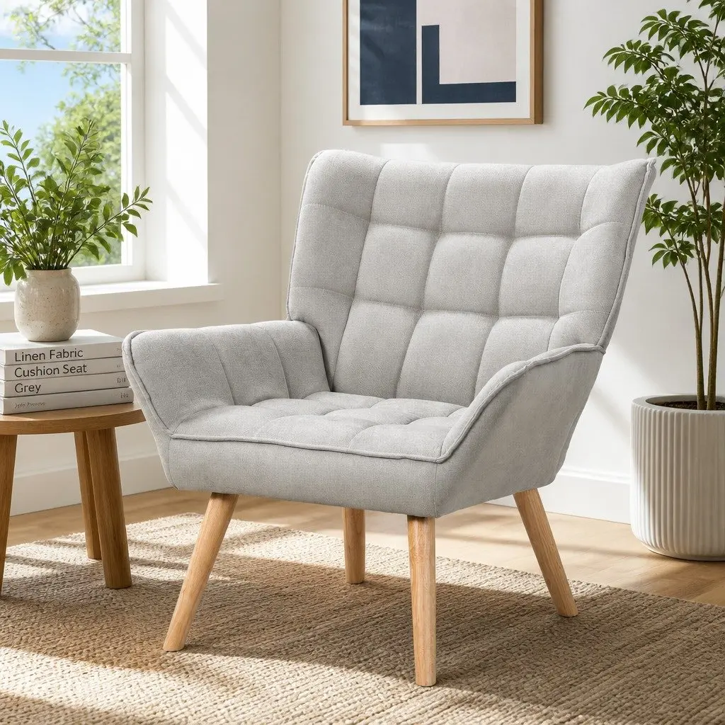 Armchair Lounge Chair Accent Seat Modern Scandinavian Style Grey Faux Linen