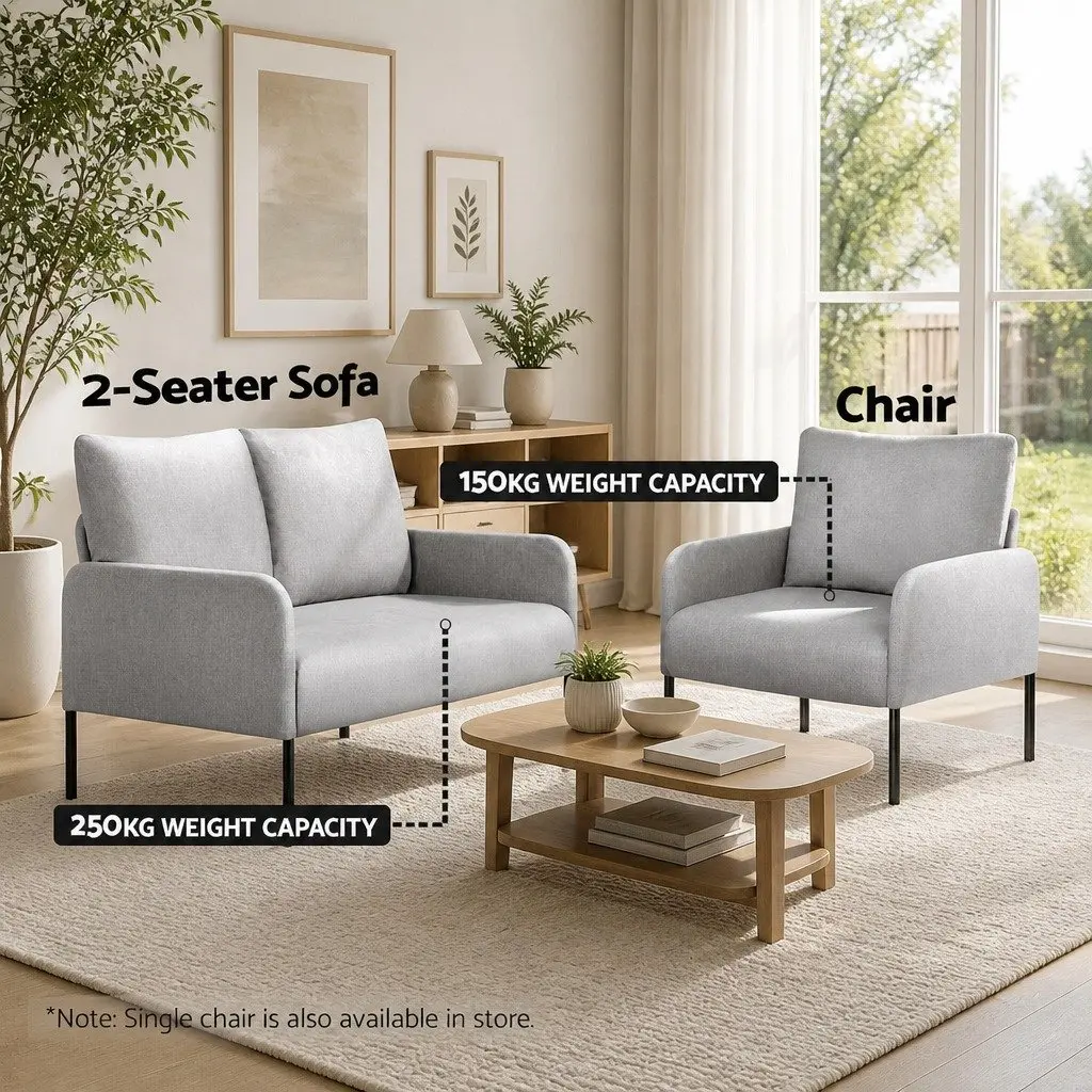 Linen Grey 2 Seater Sofa Armchair Cushioned Seat Contemporary Lounge Chair