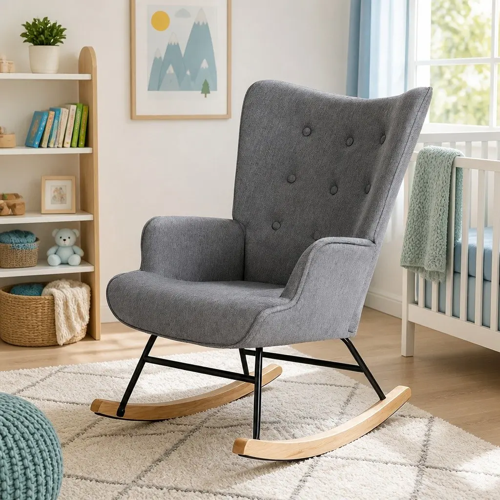 Armchair Grey Linen Fabric Sturdy Metal Frame Curved Armrests
