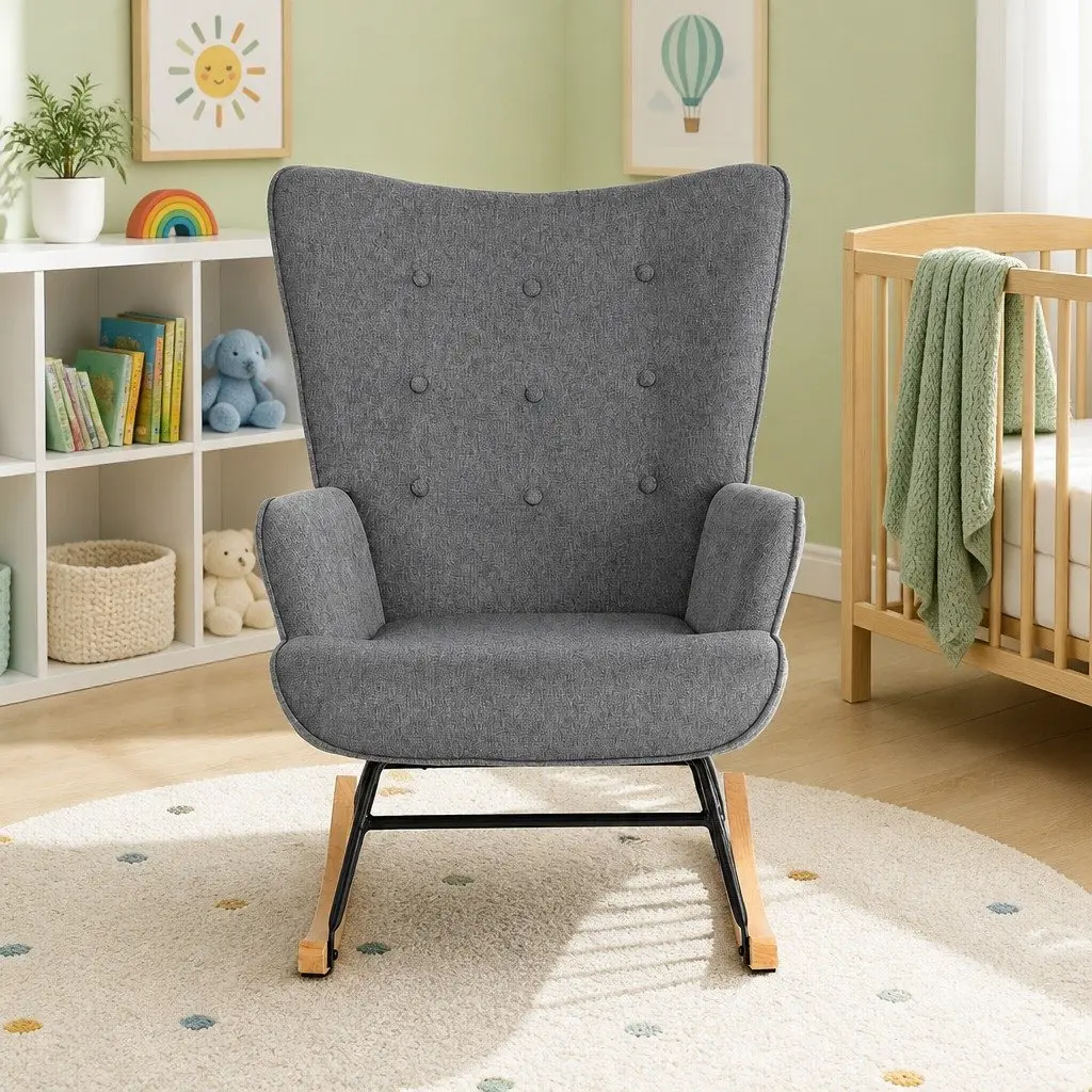 Armchair Grey Linen Fabric Sturdy Metal Frame Curved Armrests