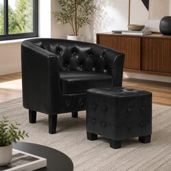 Armchair Set with Ottoman Black Barrel Back Button Tufted Lounge Chair