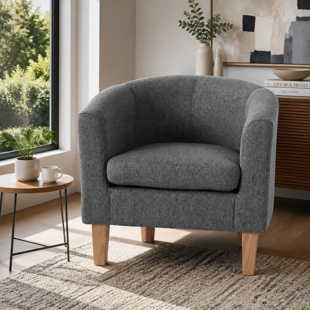 Grey Armchair Tub Chair Linen Fabric Contoured Backrest Extra Thick Foam Padding Modern Lounge