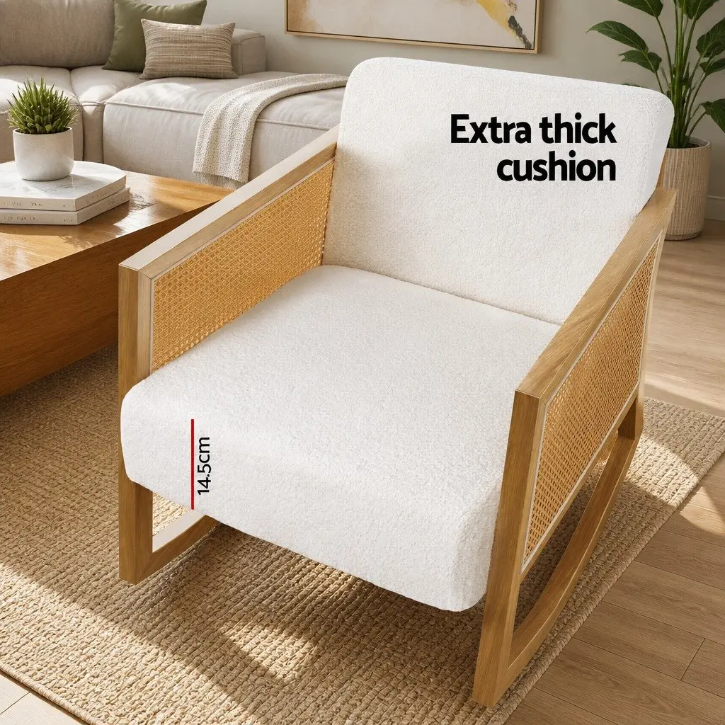 Rocking Chair Boucle Rattan White Soft Upholstery Vintage Style Comfort Relaxation