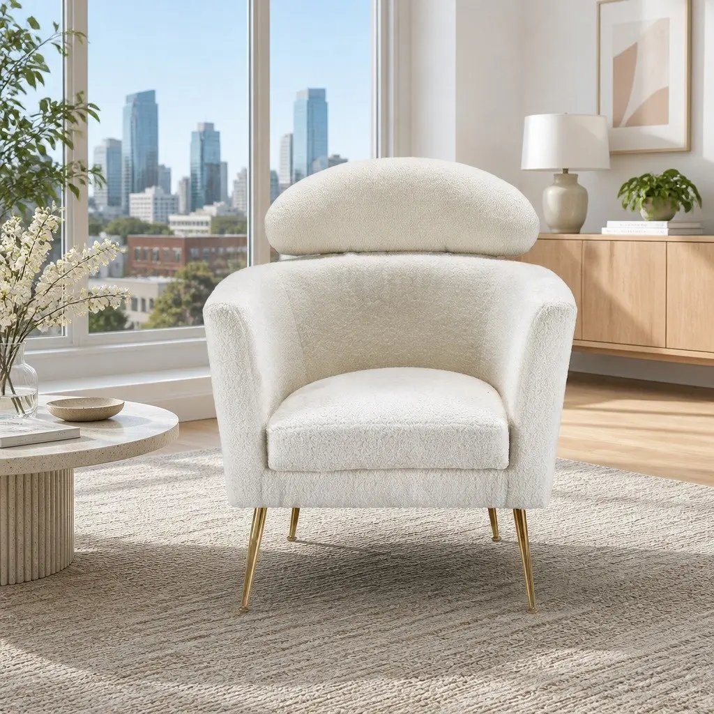 White Armchair Boucle Fabric Modern Scandinavian Design Cushioned Accent Chair