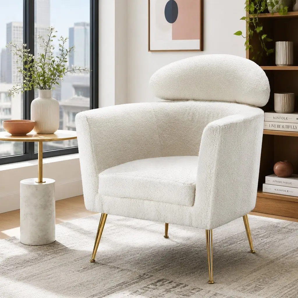 White Armchair Boucle Fabric Modern Scandinavian Design Cushioned Accent Chair