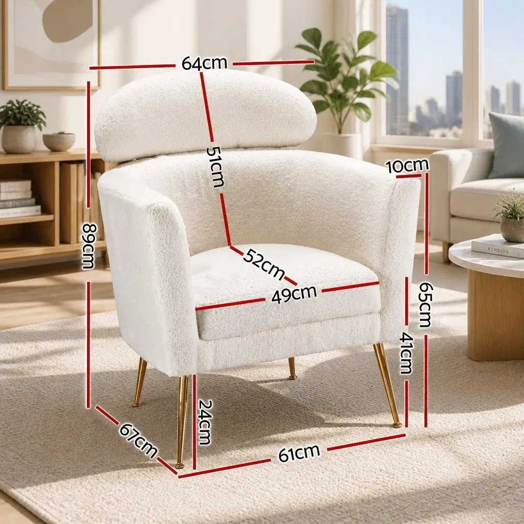 White Armchair Boucle Fabric Modern Scandinavian Design Cushioned Accent Chair