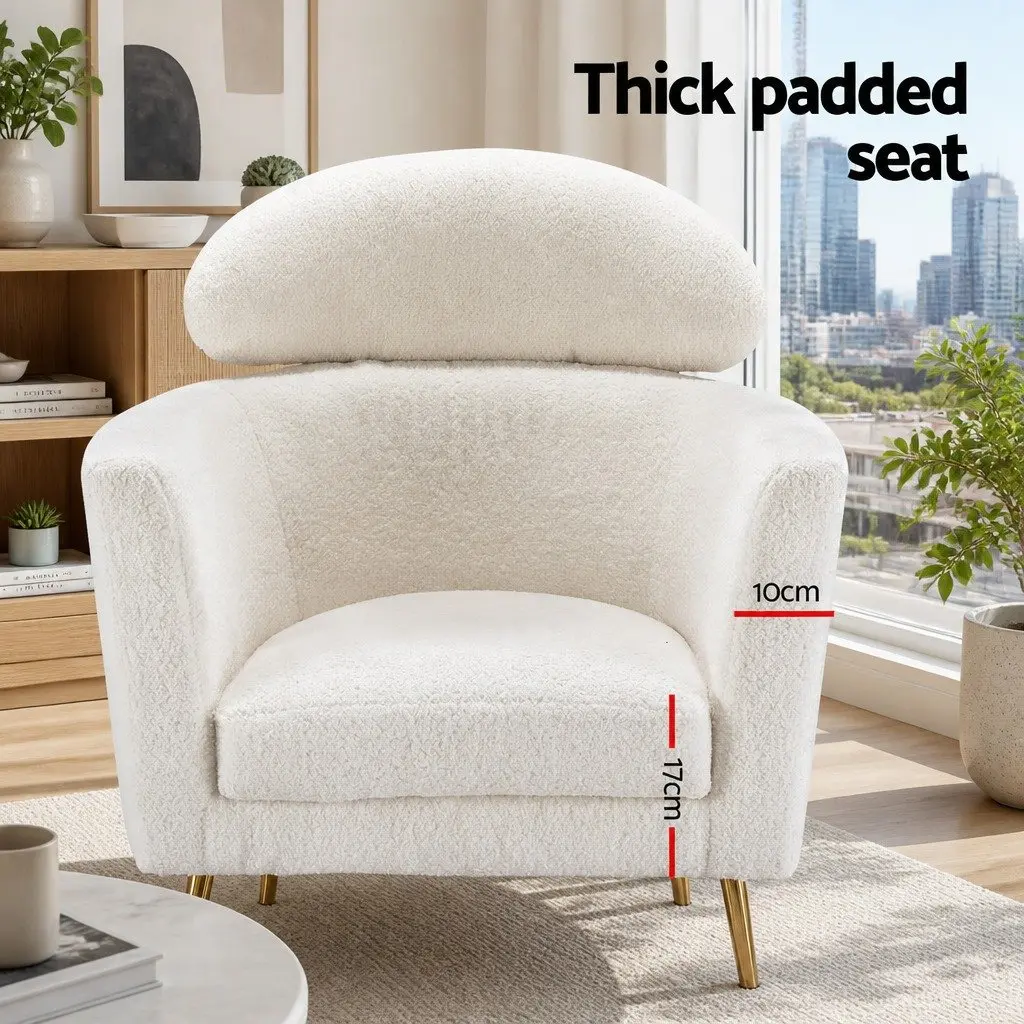 White Armchair Boucle Fabric Modern Scandinavian Design Cushioned Accent Chair