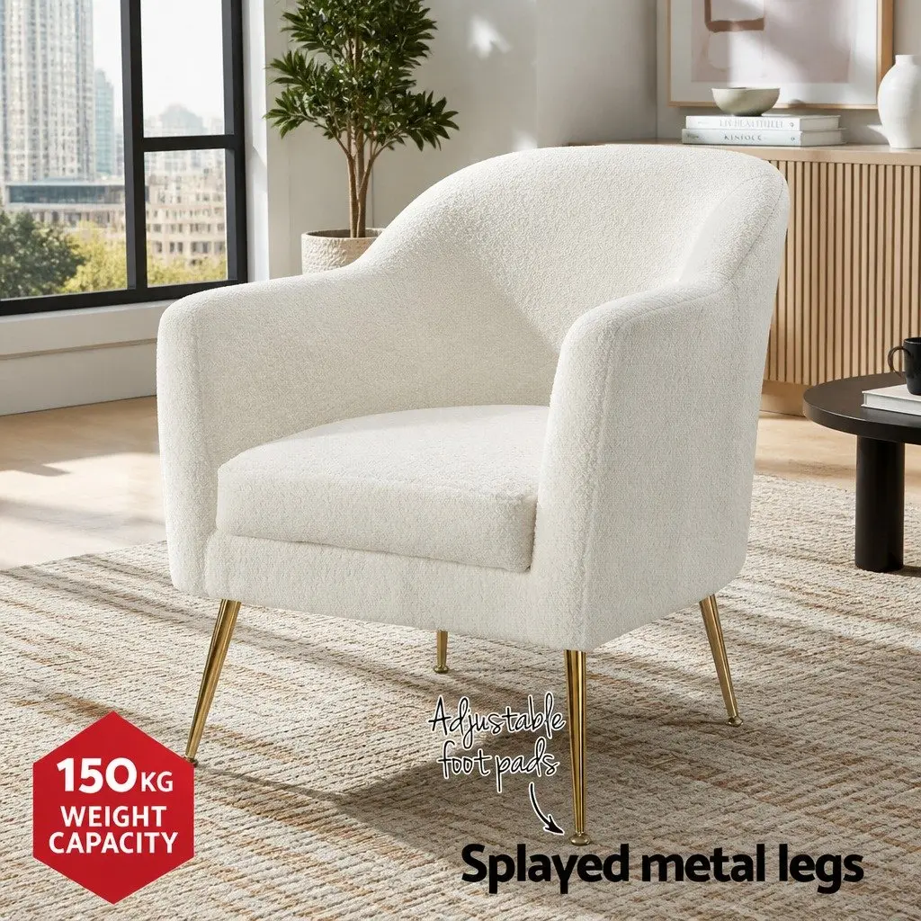 White Armchair Boucle Fabric Modern Scandinavian Design Cushioned Accent Chair