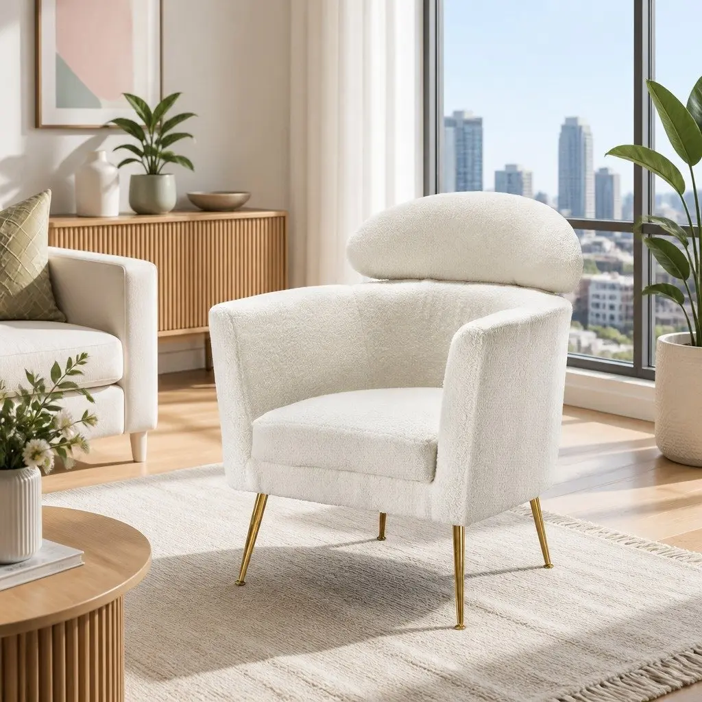 White Armchair Boucle Fabric Modern Scandinavian Design Cushioned Accent Chair