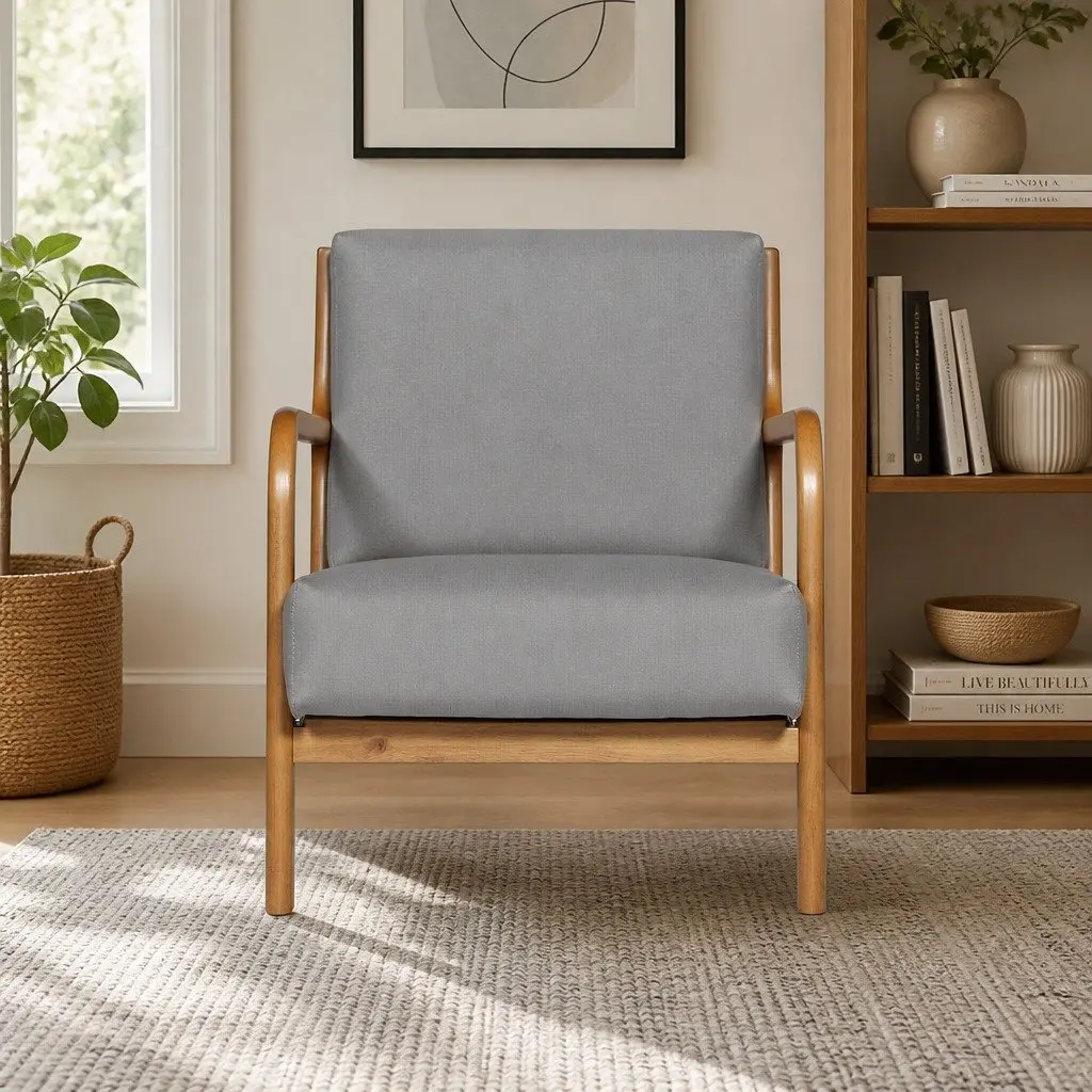 Armchair Fabric Light Grey Lounge Seating Relaxation Chair with Rubber Wood Legs