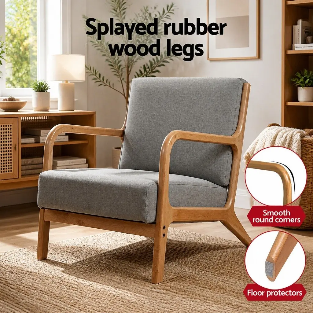 Armchair Fabric Light Grey Lounge Seating Relaxation Chair with Rubber Wood Legs
