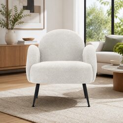 Compact White Boucle Armchair with Steel Legs