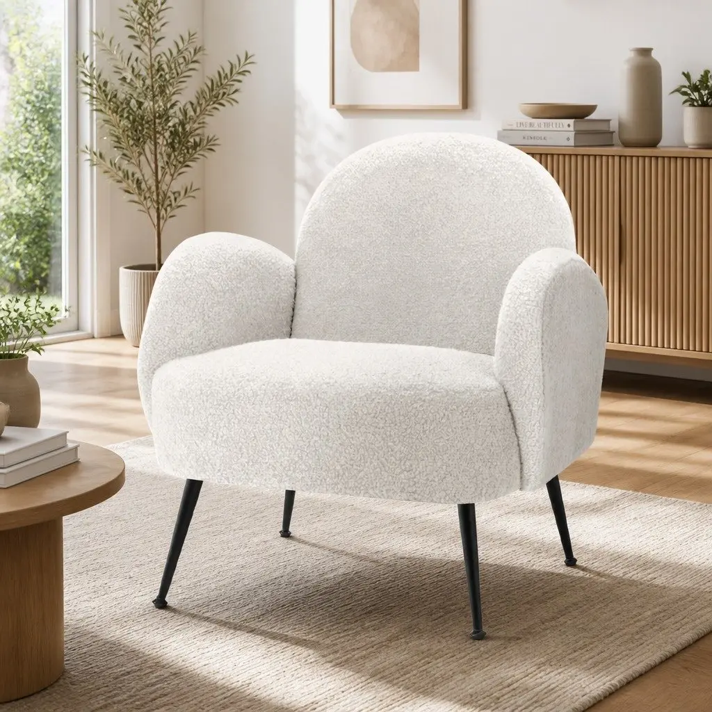 White Boucle Armchair with Steel Legs