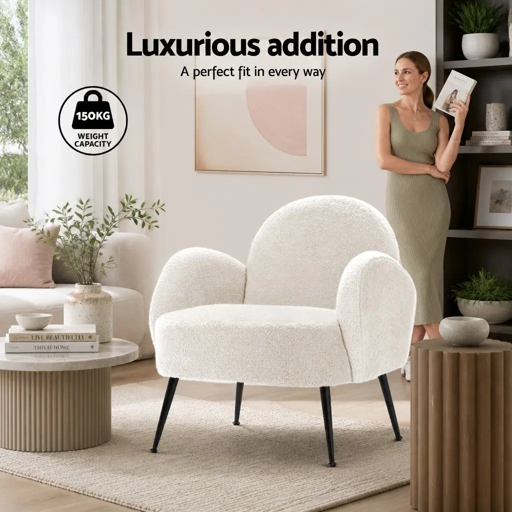 White Boucle Armchair with Steel Legs