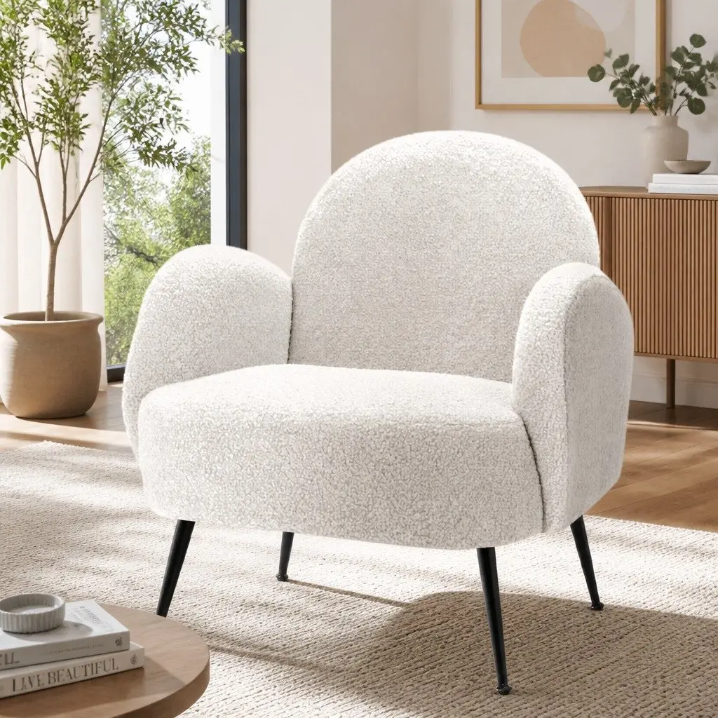 White Boucle Armchair with Steel Legs